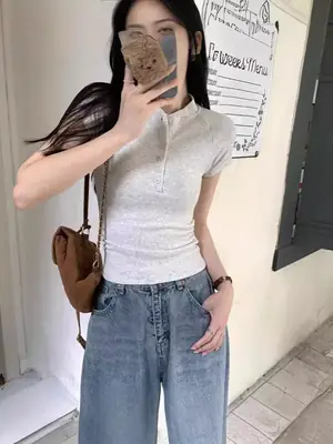 Women Gray Button Short Sleeve Cotton T-Shirt Summer Casual