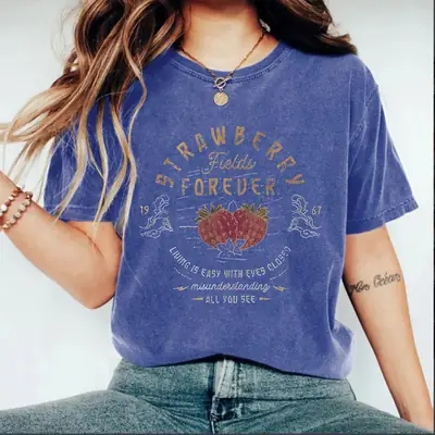 Women Retro Strawberry Print T-Shirt Blue Cotton Summer