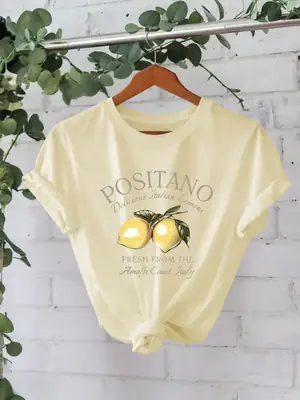 Women Cotton Positano Lemon Print T-Shirt Summer Light Yellow
