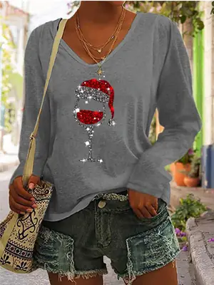 Women Christmas Wine Glass Print V-Neck Long Sleeve T-Shirt