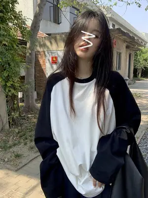 Women Loose Long Sleeve Cotton T-Shirt Black White Autumn Casual
