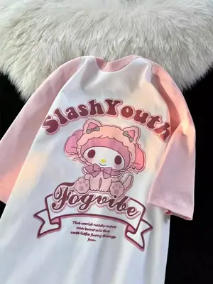 Women Pink Kurome Print Loose T-Shirt Summer 2024