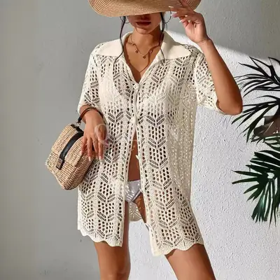 Women's White Hollow-Out Knitted Cardigan Coat Spring