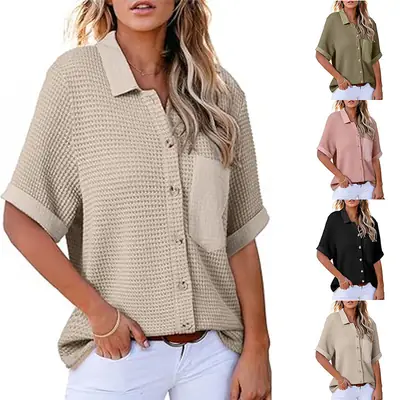Women Waffle Polo Shirt Khaki Short Sleeve Pocket