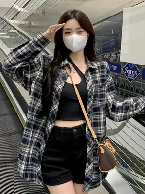 Women Vintage Plaid Loose Shirt Autumn Spring