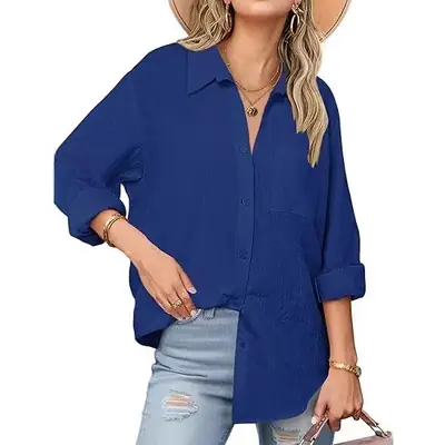 Women Blue Batwing Sleeve Casual Shirt Summer