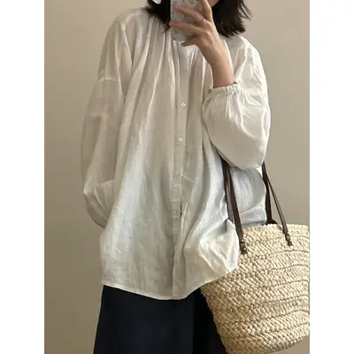 White Linen Shirt Women Loose Long Sleeve Spring