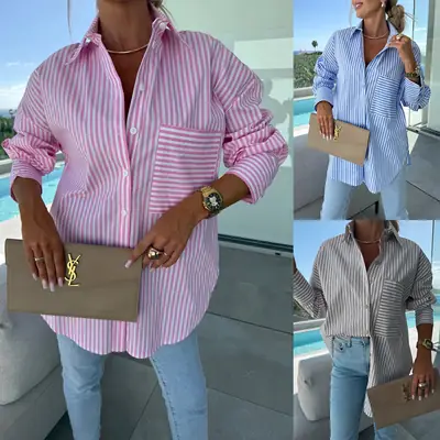 Women Loose Striped Long Sleeve Shirt Casual Spring