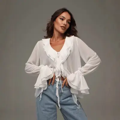 White V-neck Ruffled Long Sleeve Shirt for Women Spring 2025