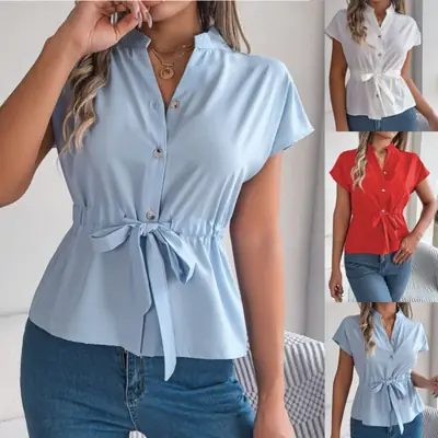 Women Chiffon V Neck Button Down Shirt with Belt Summer Short Sleeve