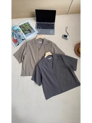 Women Loose Cuban Collar Short Sleeve Shirt Khaki