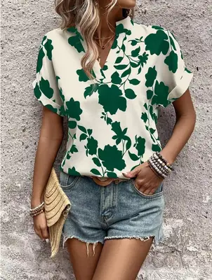 Women Floral V-Neck Loose Shirt Short Sleeve