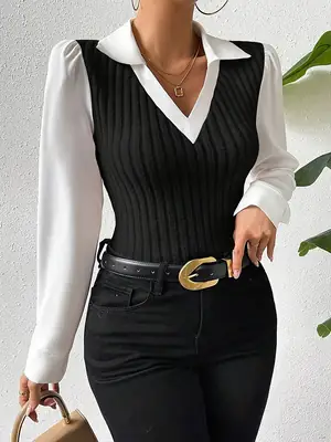 Women V Neck Knitted Slim Shirt Black