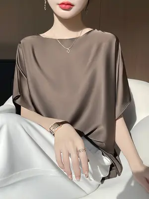 Women Silk Dolman Top Solid Brown Summer Casual