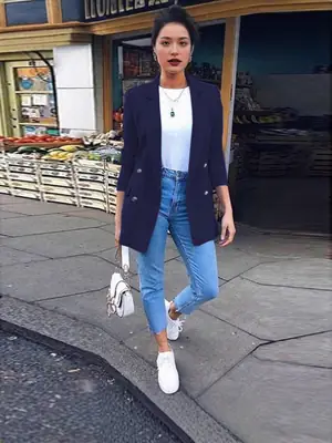 Women Navy Blue Mid-Length Blazer Jacket Spring Autumn Solid Color Casual Outerwear