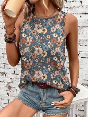 Women Floral Sleeveless Vest Peacock Blue Summer Casual