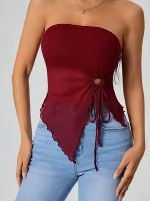 Women Strapless Knotted Top Burgundy Casual Wear