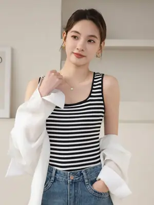 Women Striped Sleeveless Vest U-Neck Black White