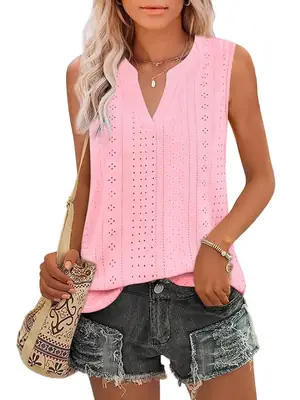 Women Pink Sleeveless V-neck Eyelet Vest Summer Casual