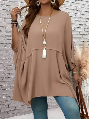 Plus Size Loose Batwing Sleeve Top Brown