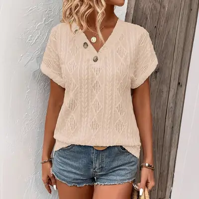 Women V-neck Buttoned Hollow Out Short Sleeve Top White Summer