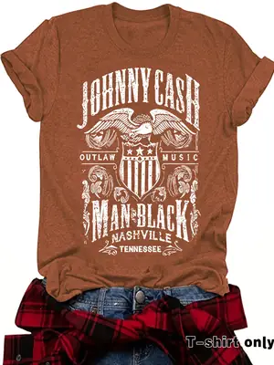 Johnny Cash Printed Loose T-Shirt Dark Red Women