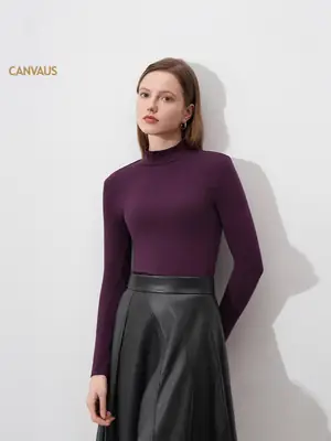 Women High Collar Slim Fit Long Sleeve Warm Top Purple