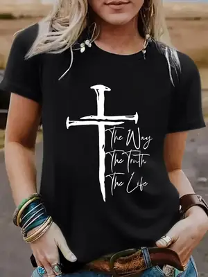 Women Black Cross T-Shirt Summer Casual Short Sleeve