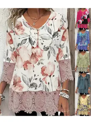 Women Floral Lace Hem Button Top 2025