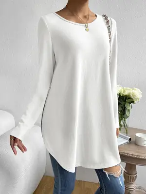 White Long Sleeve Crewneck T-Shirt with Side Split Hem
