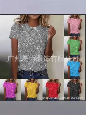 Women Shiny Sequin Round Neck Top Multi Color Casual