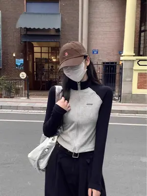 Women Zipper Raglan Sleeve Jacket Spring Autumn Black Grey
