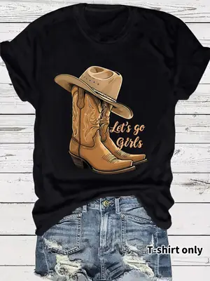 Women Black Cowboy Boots Hat T-Shirt Summer Casual