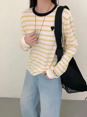 Women Striped Long Sleeve Silk Shirt Yellow