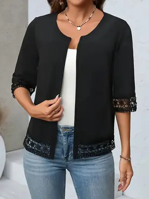 Black Lace Trimmed Loose Fit Women's Jacket