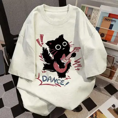 Women Loose Cotton Black Cat Guitar T-Shirt Summer