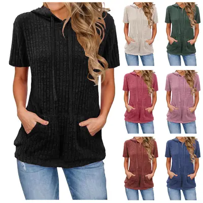 Women Hooded Short Sleeve T-Shirt Black Ribbed Pocket Casual Wear