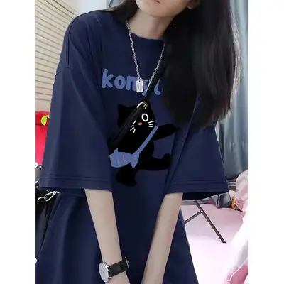 Women Navy Blue Cotton Loose Fit T-Shirt with Cat Print