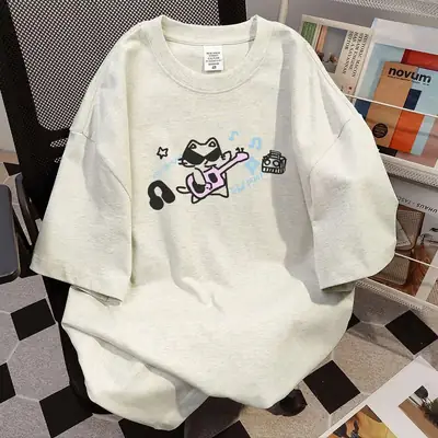 Women Loose Cotton Cat Print T-Shirt Summer White Gray