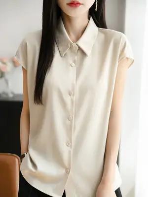 Women Simulated Silk Short Sleeve Polo Shirt White Loose Fit Summer