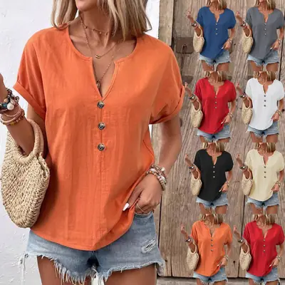 Women Button V-Neck Short Sleeve Summer Top
