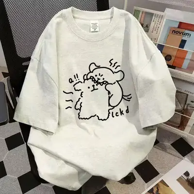 White Cotton Bear Print T-Shirt for Women Summer