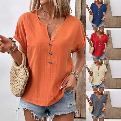 Women Button V-Neck Short Sleeve Shirt Summer Casual
