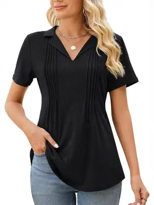 Women V-Neck Pleated Short Sleeve Black T-Shirt Loose Fit