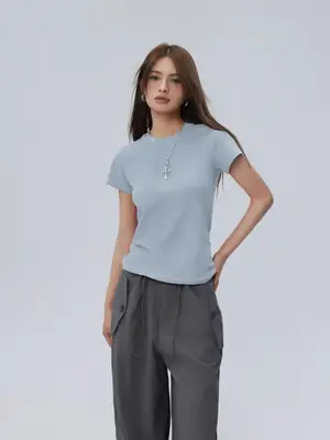 Women Slimming Retro Short Sleeve Top Macaron Blue