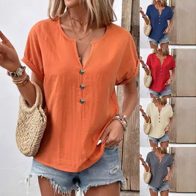 Women Button V-Neck Short Sleeve T-Shirt Summer Casual Tops