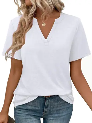 Women V-neck Loose White Short Sleeve T-shirt Summer Casual