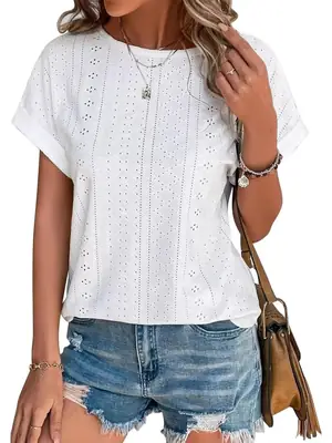 White Eyelet Short Sleeve Women's Casual T-Shirt Summer Beach Vacation