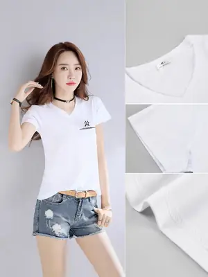 Women Cotton V Neck T-Shirt White Summer Slim Fit