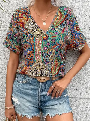 Women Paisley V-Neck Top Short Sleeve Summer